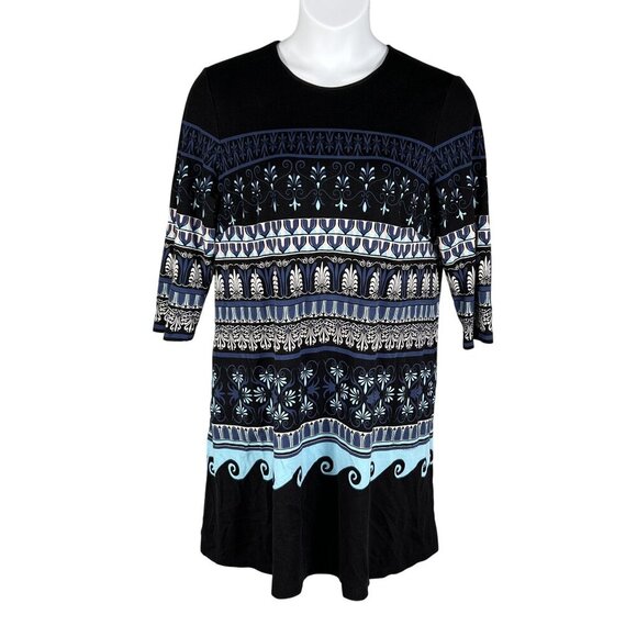 J McLaughlin XL Black Blue Fair Isle Nordic Print Midi Shift Dress 3/4 Sleeves - Picture 3 of 16